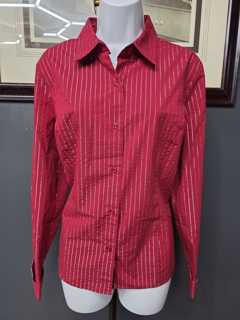 Jaclyn Smith Dark Red Button-Up Shirt with Metallic Pinstripes